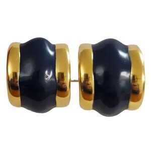 Gold Tone Black Enamel, Designer Style Wide C, Half Hoop Clip On Earrings K960